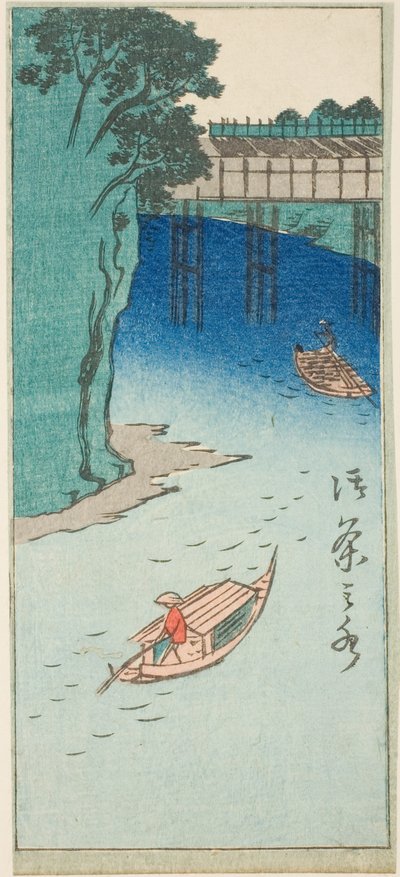 Ochanomizu, del av et ark fra serien "Cutout Pictures of Famous Places in Edo (Edo meisho harimaze zue)" av Utagawa Hiroshige