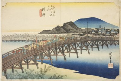 Okazaki: Yahagi Bridge (Okazaki, Yahagi no hashi), fra serien "Fifty-three Stations of the Tokaido (Tokaido gojusan tsugi no uchi)," også kjent som Hoeido Tokaido av Utagawa Hiroshige