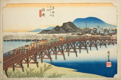 Okazaki: Yahagi Bridge (Okazaki, Yahagi no hashi), fra serien "Fifty-three Stations of the Tokaido (Tokaido gojusan tsugi no uchi)," også kjent som Hoeido Tokaido av Utagawa Hiroshige