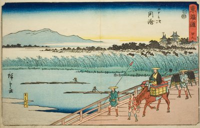 Okazaki: Yahagi River (Okazaki, Yahagigawa) – nr. 39, fra serien "Fifty-three Stations of the Tokaido (Tokaido gojusan tsugi)," også kjent som Reisho Tokaido av Utagawa Hiroshige