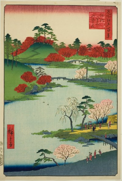 Åpning av Tegarden ved Fukagawa Hachiman Shrine (Fukagawa Hachiman Yamabiraki), fra serien ws of Edo” av Utagawa Hiroshige