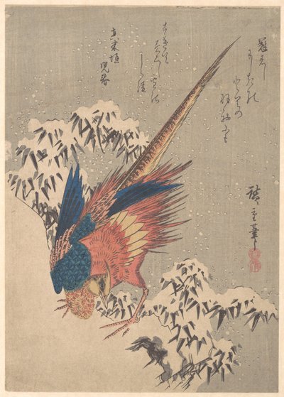Fasan blant snøtung bambus i en fjellskråning av Utagawa Hiroshige