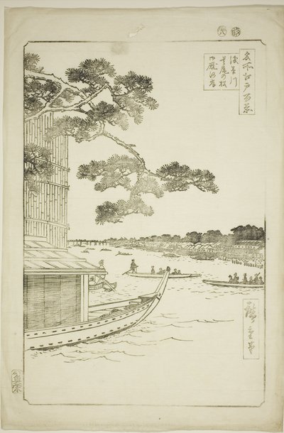 Pine f Sutto s Plan d Umaya, Asakusa River (Asakusa River forsvar furuhester og sult), One Hundred Views of Edo)" av Utagawa Hiroshige