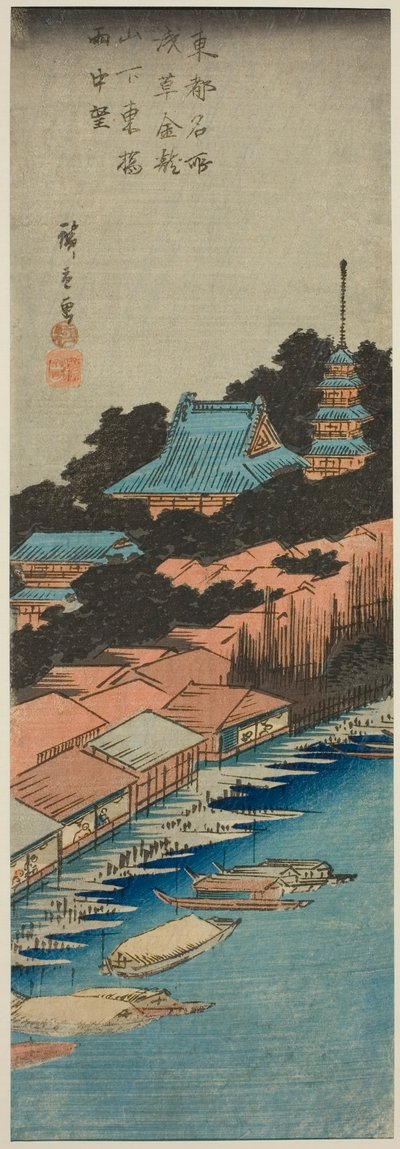 Regn ved Azuma Bridge under Kinryuzan Temple i Asakusa (Asakusa Kinryuzan shita Azuma Bashi uchu bo), fra serien "Famous Views of the Eastern Capital (Toto meisho)" av Utagawa Hiroshige