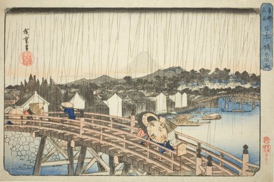 Rain at Nihonbashi Bridge (Nihonbashi no hakuu), from the series "Famous Places in the Eastern Capital (Toto meisho)" av Utagawa Hiroshige