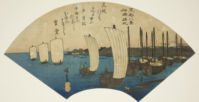Returning Sails at Tsukudajima (Tsukudajima kihan), fra serien "Eight Views of the Eastern Capital (Toto hakkei)" av Utagawa Hiroshige