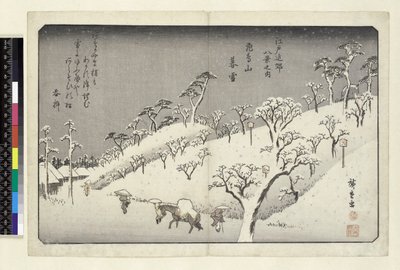 Riches Bequest 1913 Evening Snow at Asuka Hill, Asukayama, (yoko-e - horisontalt format, farget treblokktrykk) av Utagawa Hiroshige