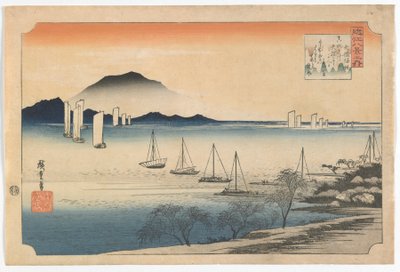 Seilbåter som vender tilbake til Yabase, Edo-perioden, tidlig på 1830-tallet (farget treblokktrykk) av Utagawa Hiroshige