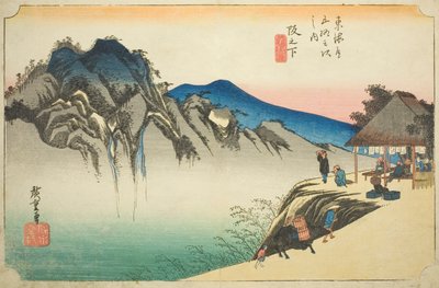 Sakanoshita: Peak of Fudesute Mountain (Sakanoshita, Fudesute-gruven), fra serien "Fifty-three Stations of the Tokaido (Tokaido gojusan tsugi no uchi)," også kjent som Hoeido Tokaido av Utagawa Hiroshige