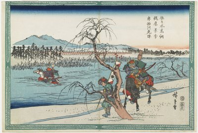 Sasaki Takastuna og Kajiwara Kagetoki konkurrerer om å ta ledelsen over Uji-elven, 1834-1839 av Utagawa Hiroshige