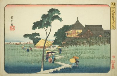 Sazai Hall ved Temple of the Five Hundred Arhats (Gohyaku rakan Sazaido), fra serien "Famous Places in the Eastern Capital (Toto meisho)" av Utagawa Hiroshige