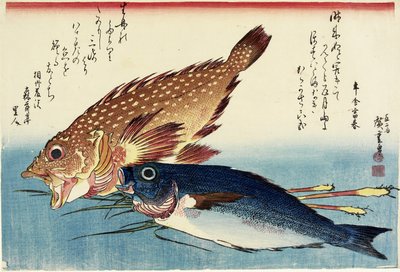 Skorpionfisk, kyllinggrynt og ingefærskudd, ca. 1832 av Utagawa Hiroshige