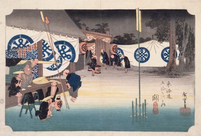 Seki, tidlig avgang fra Daimyos Inn, fra femtitre stasjoner på Tokaido Highway, ca. 1834 (fargetrykk av treblokk) av Utagawa Hiroshige