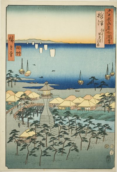 Settsu Project: Idemi Bea ch at Sumiyoshi (Settsu, Sumiyoshi Demi no Hama), fra serienーOh d Plawinses av Utagawa Hiroshige