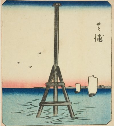 Shibaura, del av et ark fra serieserien "Cutout Pictures of Famous Places in Edo (Edo meisho harimaze zue)" av Utagawa Hiroshige