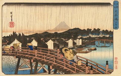 Dusj ved Nihonbashi-broen, 1832-34 (farget treblokktrykk) av Utagawa Hiroshige