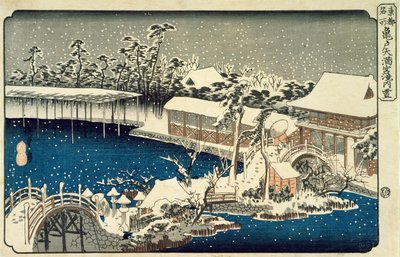 Snø om natten: en scene som skildrer et hus, en elv og en prydhage under fallende snø, fra serien 53 Stations of the Tokaido, (yoko-e - horisontalt format, farget treblokktrykk) av Utagawa Hiroshige