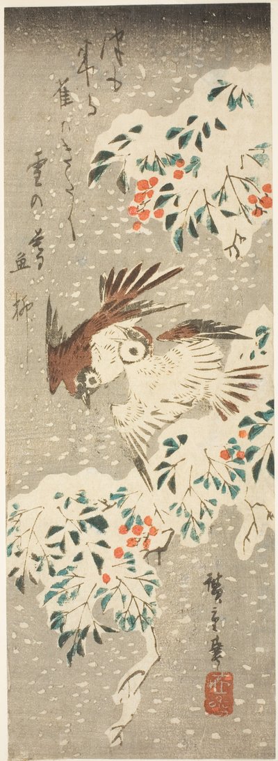 Sparrows flirter om snødekte Nandina mens mer snø faller av Utagawa Hiroshige