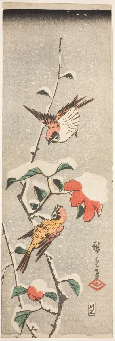 Spurver og Camellia i snø av Utagawa Hiroshige