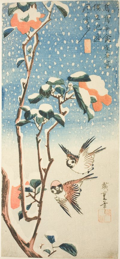 Spurver og kamelia i snø av Utagawa Hiroshige