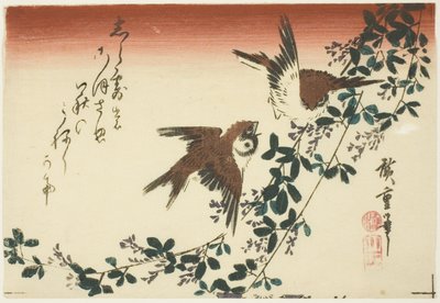 Spurver og buskløver av Utagawa Hiroshige