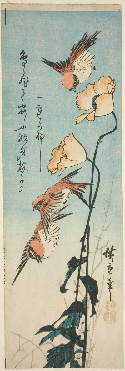 Spurver og valmuer av Utagawa Hiroshige