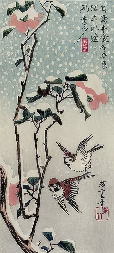 Spurver og kameliaer i snøen av Utagawa Hiroshige