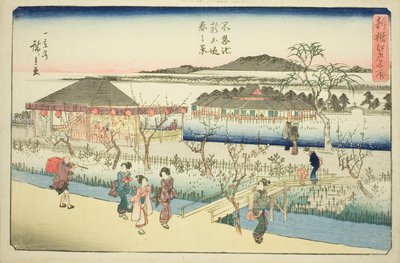 Vårutsikt over den nye bredden ved Shinobazu-dammen (Shinobazu ike shin dote haru no kei), fra serien "Nyutvalgte kjente steder i Edo (Shinsen Edo meisho)" av Utagawa Hiroshige