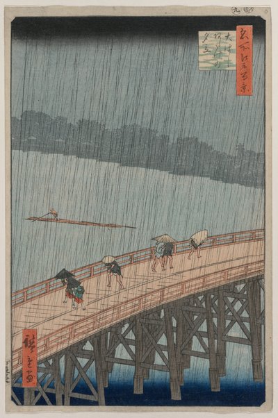 Sudden Shower over Shin-Ōhashi Bridge og Atake, fra serien One Hundred Famous Views of Edo av Utagawa Hiroshige