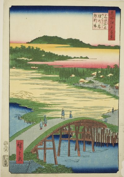 Sugatami Bridge, Omokage Bridge and the Gravel Pit at Takata (Takata Sugataminohashi Omokagenohashi jariba), fra serien "One Hundred Famous Views of Edo (Meisho Edo hyakkei)" av Utagawa Hiroshige