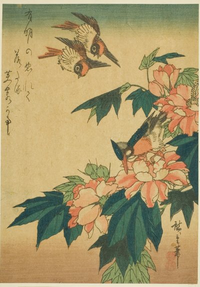 Svaler, isfugl og hibiscus av Utagawa Hiroshige