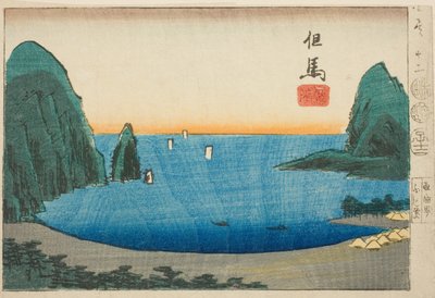Takanohama i Tajima, del av ark nr. 12 fra serien "Cutout Pictures of the Provinces (Kunizukushi harimaze zue)" av Utagawa Hiroshige
