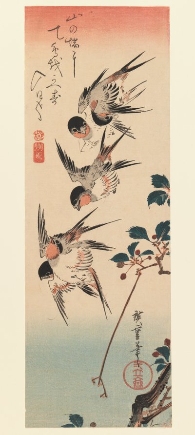 Tanzaku, Fire svaler, 1832 (farget treblokktrykk) av Utagawa Hiroshige