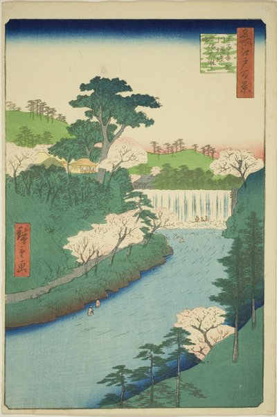 Demningen ved Otonashi-elven ved Oji, ofte kalt "Den store fossen" (Oji Otonashigawa entai, sezoku Otaki til tonau), fra serien "One Hundred Famous Views of Edo (Meisho Edo hyakkei)" av Utagawa Hiroshige