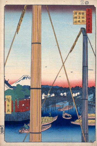 Havnehelligdommen og Inari-broen ved Teppozu, hundre kjente utsikter over Edo, 1856-1858. av Utagawa Hiroshige