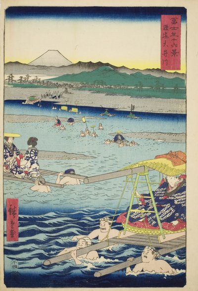 Oi-elven mellom Suruga og Totomi-provinsene (Sun-En Oigawa), fra serien "Thirty-six Views of Mount Fuji (Fuji sanjurokkei)" av Utagawa Hiroshige