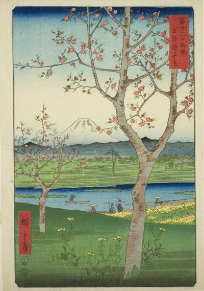Utkanten av Koshigaya i Musashi-provinsen (Musashi Koshigaya zai), fra serien "Thirty-six Views of Mount Fuji (Fuji sanjurokkei)" av Utagawa Hiroshige