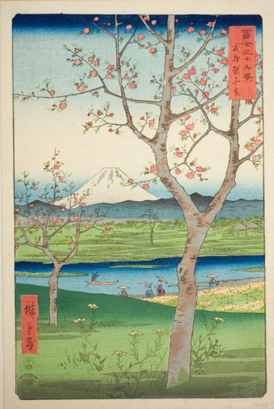 Utkanten av Koshigaya i Musashi-provinsen (Musashi Koshigaya zai), fra serien "Thirty-six Views of Mount Fuji (Fuji sanjurokkei)" av Utagawa Hiroshige