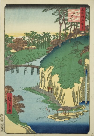 The River of Waterfalls at Oji (Oji Takinogawa), fra serien "One Hundred Famous Views of Edo (Meisho Edo hyakkei)" av Utagawa Hiroshige