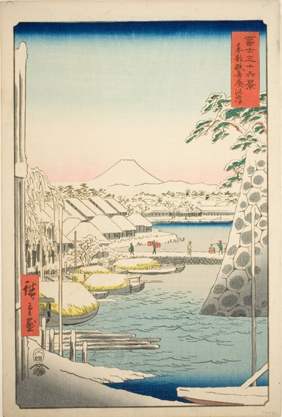 Elvebredden ved Sukiya i den østlige hovedstaden (Toto Sukiyagashi), fra serien "Thirty-six Views of Mount Fuji (Fuji sanjurokkei)" av Utagawa Hiroshige