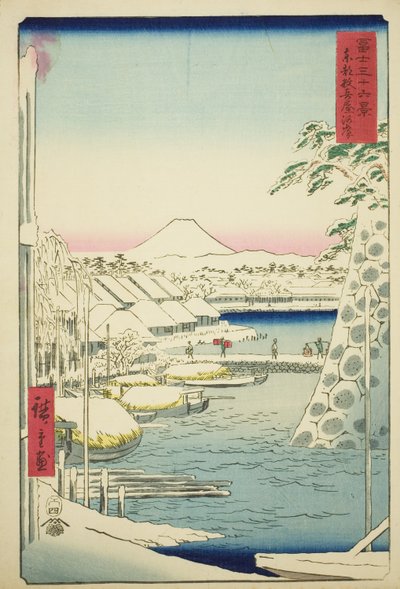 Elvebredden ved Sukiya i den østlige hovedstaden (Toto Sukiyagashi), fra serien "Thirty-six Views of Mount Fuji (Fuji sanjurokkei)" av Utagawa Hiroshige