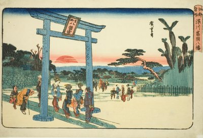 Te Tomigaoka Hachiman Shrine at Fukagawa (Fukagawa Tomigaoka Hachiman), fra TV-serien "Famous Paces Inn Edo" av Utagawa Hiroshige