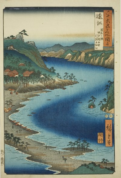Totomi-provinsen: The Narrow Inlet of Inasa nær Kanzan Temple på Hamana Lake ved Horie (Totomi, Hamana no umi, Horie Kanzanji, Inasa no hosoe), fra serien "Famous Places in the Sixty-odd Provinces (Rokujuyoshu meisho zue)" av Utagawa Hiroshige