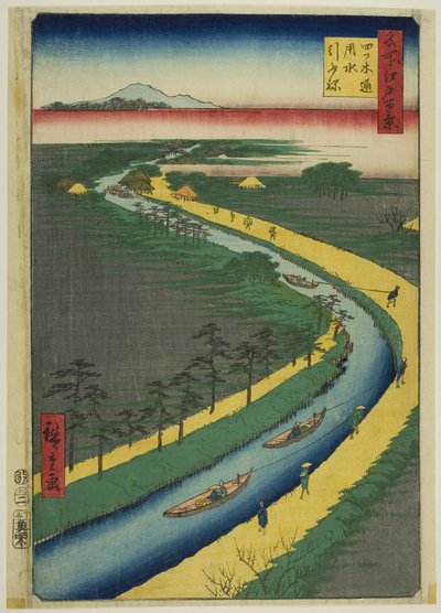 Taubåter langs Yotsugidori-kanalen (Yotsugidori yosui hikifune), fra serien quot;One Hundred Famous Views of Edo (Meisho Edo hyakkei)quot; av Utagawa Hiroshige
