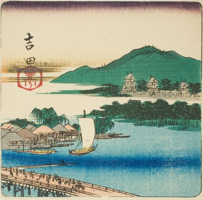 Toyo River ved Yoshida (Yoshida, Toyokawa), del av et ark fra serien "Cutouts of the Fifty-three Stations (Gojusan tsugi harimaze)" av Utagawa Hiroshige