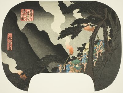Reiser om natten i Hakone-fjellene på grensen til Izu- og Sagami-provinsene (Zuso Hakone-yama yako no zu), fra serien "Famous Places in the Various Provinces (Shokoku meisho)" av Utagawa Hiroshige
