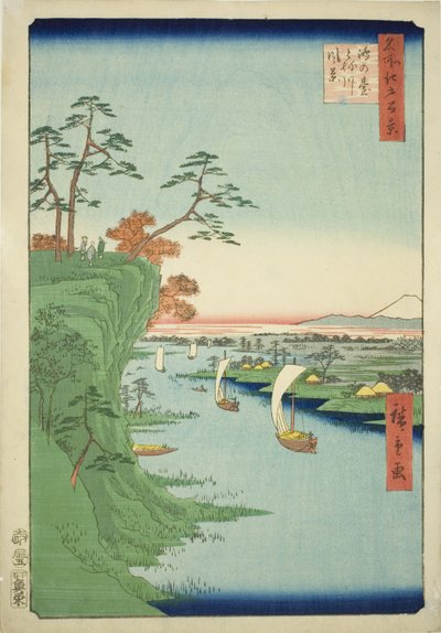 Utsikt over Konodai og Tone-elven (Konodai Tonegawa fukei), fra serien "One Hundred Famous Views of Edo (Meisho Edo hyakkei)" av Utagawa Hiroshige