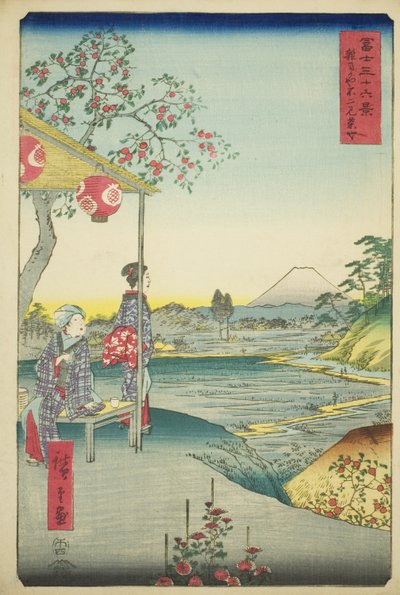 Utsikt over Fuji-fjellet fra et tehus ved Zoshigaya (Zoshigaya Fujimi chaya), fra serien "Thirty-six Views of Mount Fuji (Fuji sanjurokkei)" av Utagawa Hiroshige