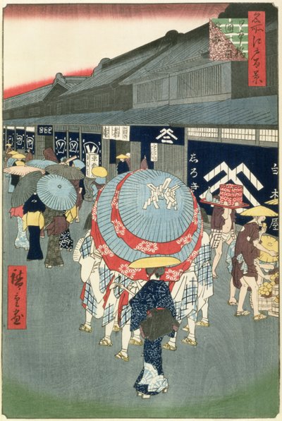View of Nihonbashi Tori-itchome (Nihonbashi Tori-itchome Ryakuzu), tallerken 44 fra One Hundred Views of Edo (treblokk fargetrykk) av Utagawa Hiroshige