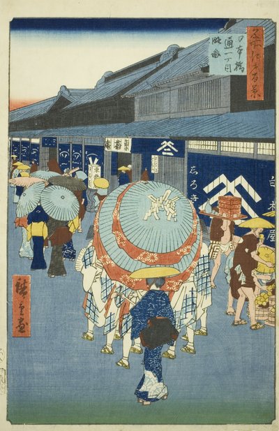 Vis w av Nihonbashi Tori tchome (Nihonbashi Tori tchome sketch), fra serien "Ridge dre d fa net s Views of Edo (Ett hundre berømte severdigheter i Edo)" av Utagawa Hiroshige